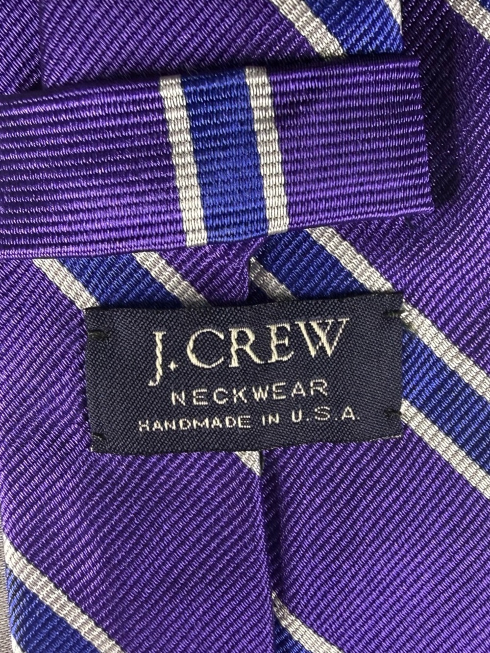 J.Crew Purple Blue Silver 100% Silk Striped Tie Handmade Wedding Guest Office - Picture 4 of 7